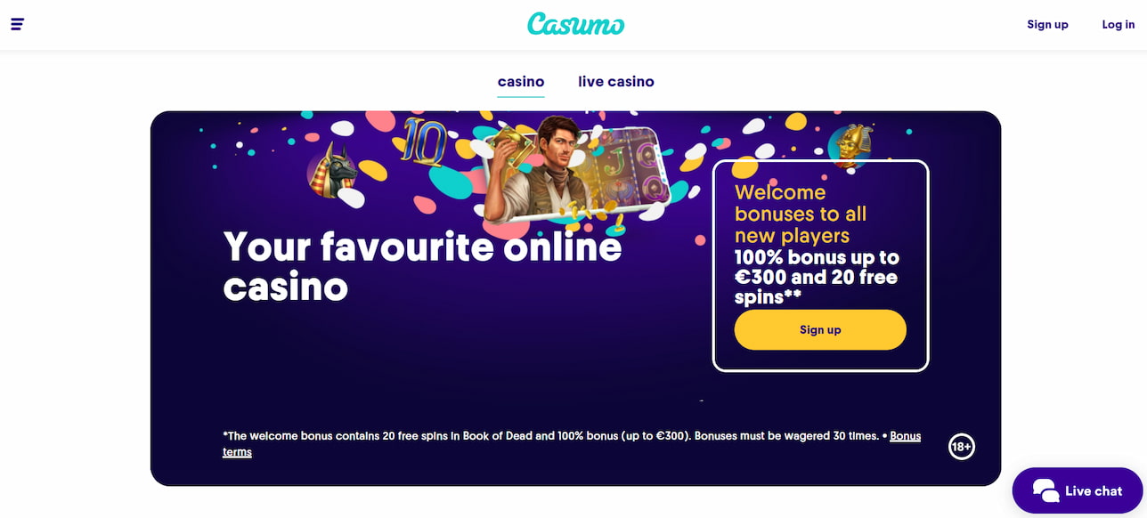 Главная страница официального сайта Casumo с приветственным бонусом до 300 евро и 20 фриспинов